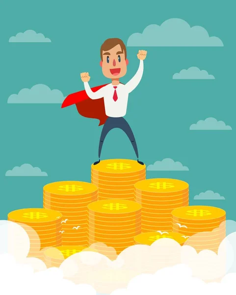 Super businessman in red cape stand on stacks of gold coins. — Stock Vector