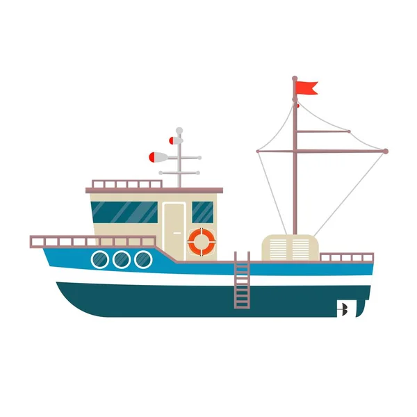 Вид на рыбацкую лодку. Морские или океанские перевозки, морские суда для промышленного производства морепродуктов — стоковый вектор