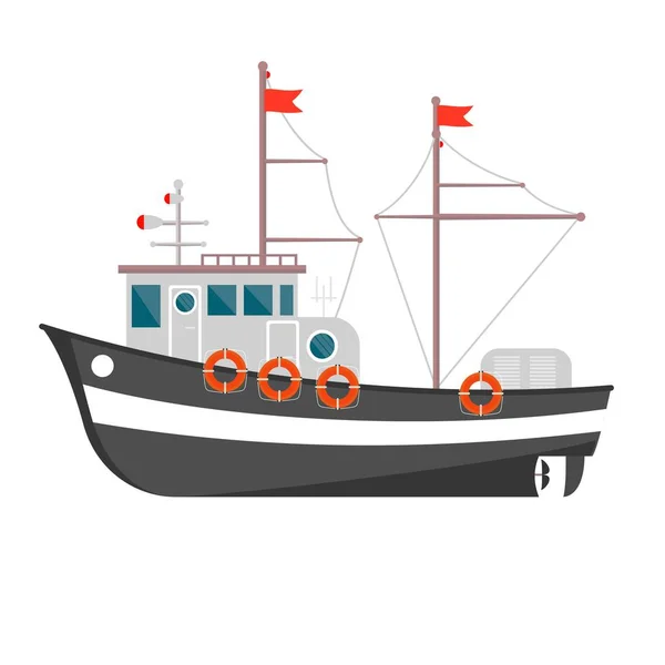 Barco de pesca comercial vista lateral. Transporte marítimo ou marítimo, navio marítimo para a produção industrial de frutos do mar —  Vetores de Stock