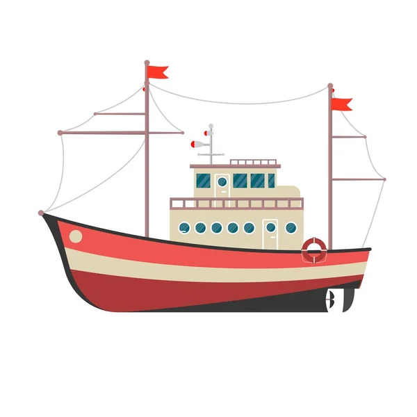 Kommerzielle Fischerboot Seitenansicht. See- oder Seetransport, Seeschiff für die industrielle Produktion von Meeresfrüchten — Stockvektor