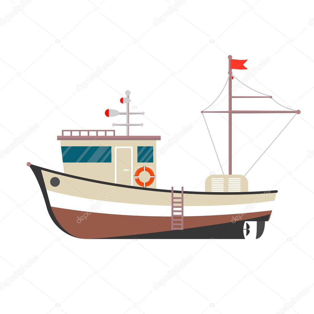Commercial fishing boat side view . Sea or ocean transportation, marine ship for industrial seafood production
