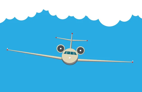 Arrière-plan de la vue de face de l'avion civil avec ciel et nuages. Avion et machine volante . — Image vectorielle