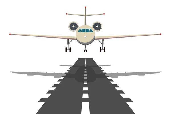 Jet letounu na dráze. Vzletu letadla od civilní letecké společnosti na modré obloze realistické vektorové ilustrace jsou pozadí. — Stockový vektor