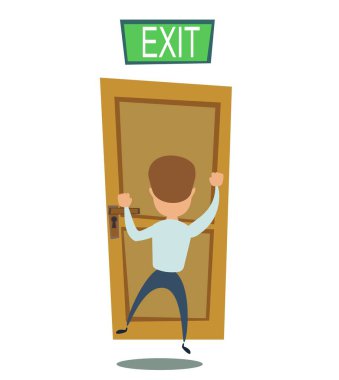 Özgürlüğe giden yol. İşadamı çıkışa doğru yürüyor. İş konsepti illüstrasyonu.