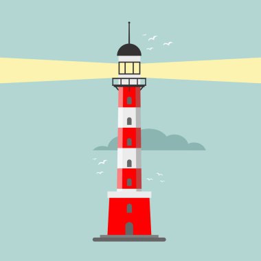 Vektör çizgi film düz deniz feneri. Denizcilik yönlendirmesi için arama ışığı kulesi