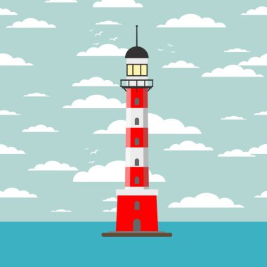Vektör çizgi film düz deniz feneri. Denizcilik yönlendirmesi için arama ışığı kulesi