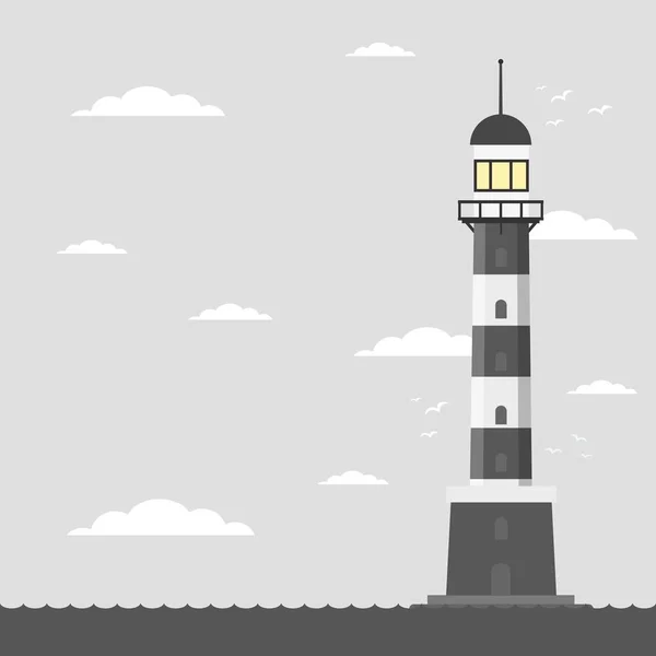 Vector cartoon flat lighthouse. Searchlight tower for maritime navigation guidance — Stock Vector