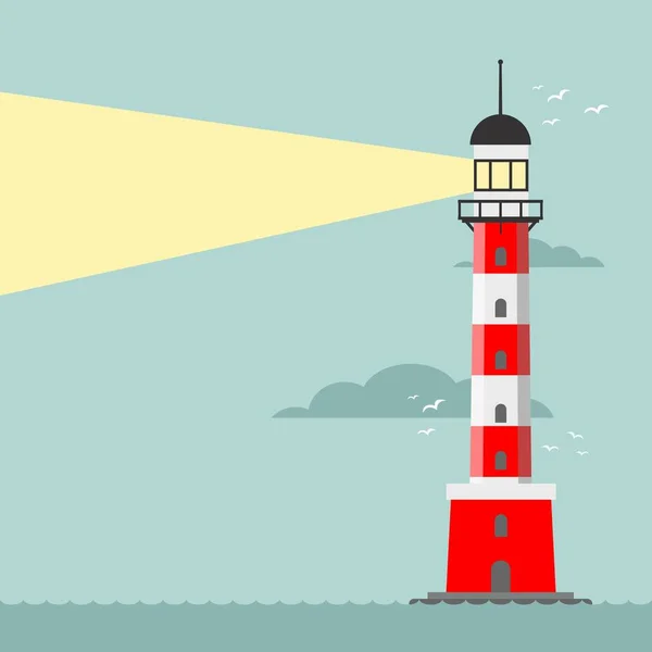 ベクトル漫画フラット灯台。海上ナビゲーションガイドのためのサーチライトタワー — ストックベクタ