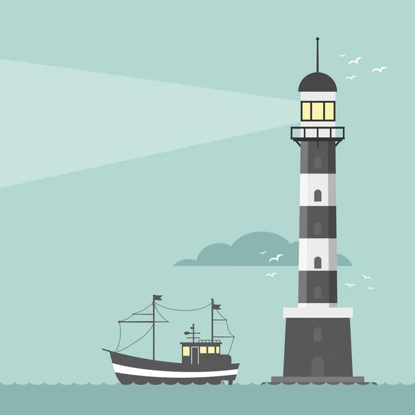 Vector cartoon platte vuurtoren. Zoeklicht toren voor maritieme navigatie begeleiding — Stockvector