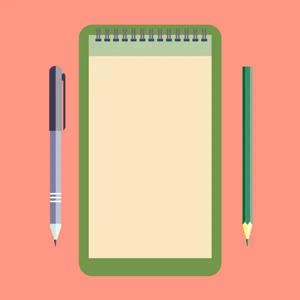 Carnet, crayon et stylo . — Image vectorielle