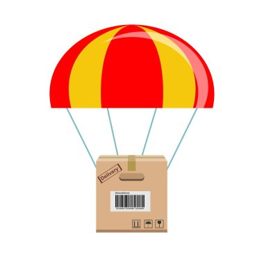 Paket gökyüzünden paraşütle iniyor. Teslimat hizmeti kavramı.