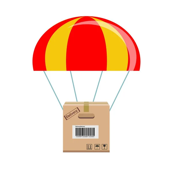 Csomag repül le az égből ejtőernyővel, koncepció szállítási szolgáltatás — Stock Vector