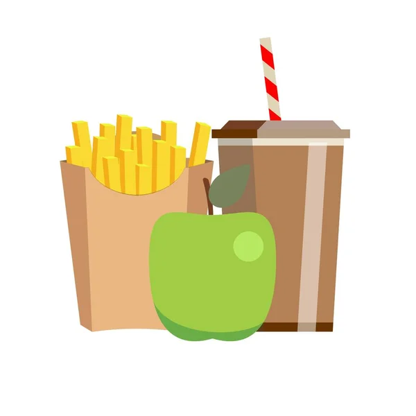 Déjeuner avec frites, pomme et café à emporter sur fond isolé. Restauration rapide. Conception plate . — Image vectorielle