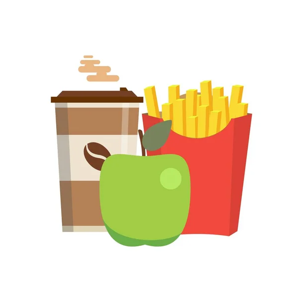 Déjeuner avec frites, pomme et café à emporter sur fond isolé. Restauration rapide. Conception plate . — Image vectorielle