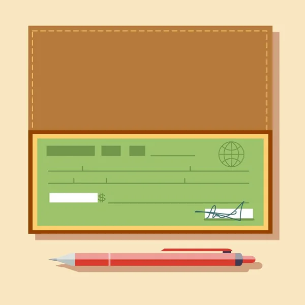 Cheque vektor illustration. Cheque ikon i platt stil. Cheque bok om färgad bakgrund. Bankkontroll med penna. — Stock vektor
