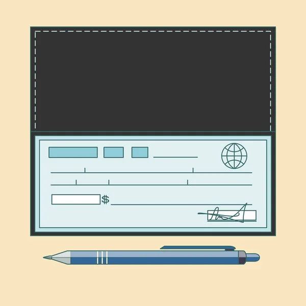 Cheque vektor illustration. Cheque ikon i platt stil. Cheque bok om färgad bakgrund. Bankkontroll med penna. — Stock vektor