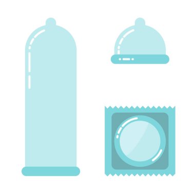 Prezervatif vektör çizimi. Doğum kontrol yöntemi. Prezervatif ambalajı, düz bir şekilde paketlensin. Güvenli seks..