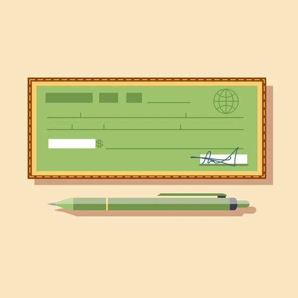 Cheque vector illustration. Cheque icon in flat style. Cheque book on colored background. Bank check with pen. — Stock Vector
