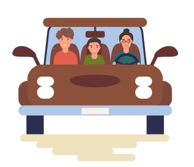 Beyaz arka planda izole edilmiş arabaları kullanan komik insanlar. Düz çizgi film tarzında renkli vektör illüstrasyonu.