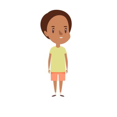 Gülümseyen küçük çocuk. Neşeli ilkokul öğrencisi, anaokulu öğrencisi çizgi film karakteri..