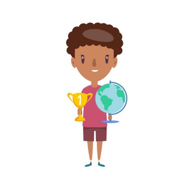 Gülümseyen okul çocuğu. Neşeli ilkokul öğrencisi, anaokulu öğrencisi çizgi film karakteri..