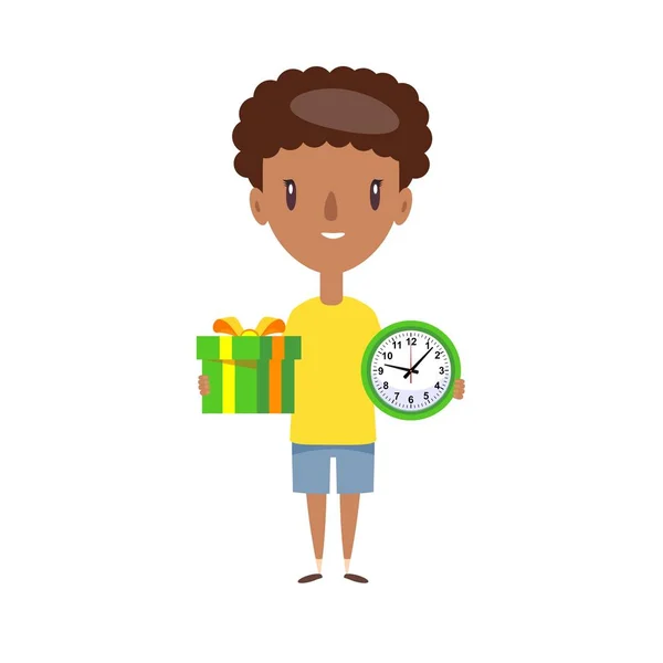 Ontime delivery service. Young logistic man in shorts and t-shirt standing, holding box and watch on white background. — Stock Vector