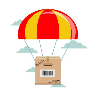 Paket gökyüzünden paraşütle iniyor. Teslimat hizmeti kavramı.