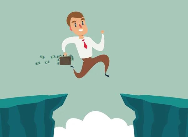 Businessman jump over cliff gap, overcome the difficulty. Business concept — Stock Vector