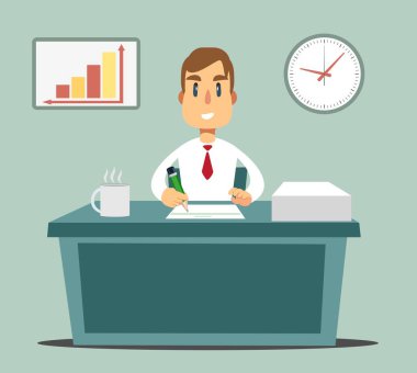 Bir iş planı, vergi mektup, mali rapor yazma iş adamı. Bir adam oturuyor, bir parça kağıt ile tablo.