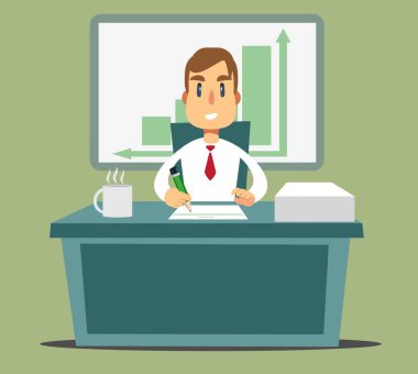 Bir iş planı, vergi mektup, mali rapor yazma iş adamı. Bir adam oturuyor, bir parça kağıt ile tablo.