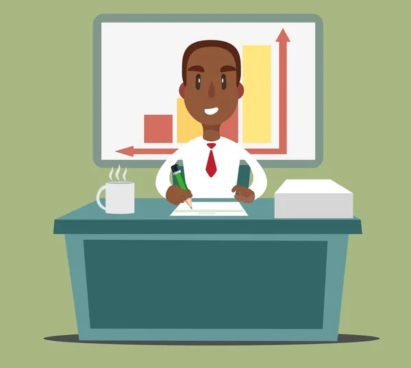 Egy fekete afro-amerikai üzletember vagy hivatalnok, aki egy irodai asztalnál dolgozik. Lapos illusztráció — Stock Vector