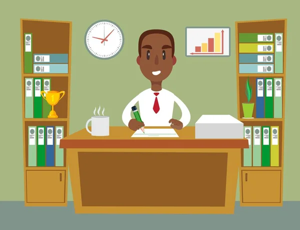 Egy fekete afro-amerikai üzletember vagy hivatalnok, aki egy irodai asztalnál dolgozik. Lapos vektor illusztráció — Stock Vector