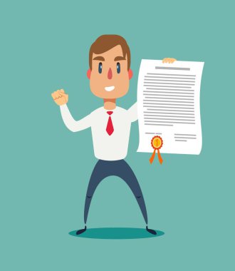 Başarılı, gülümseyen, genç, mutlu iş adamları ödül sertifikası gösteriyor..