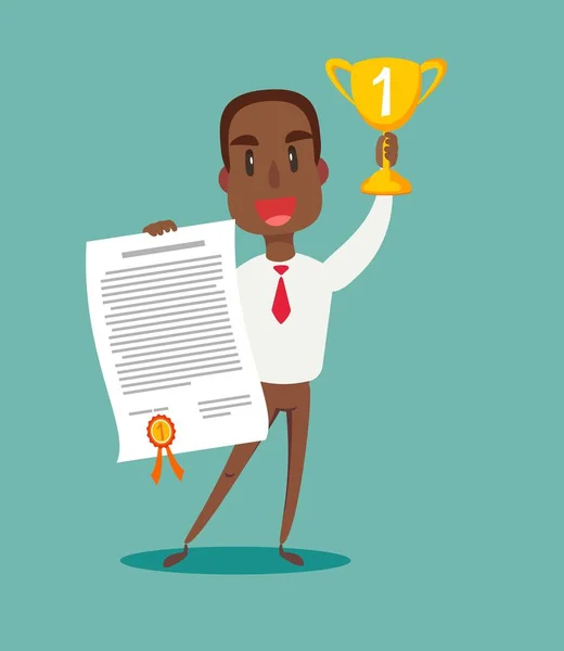 Successful, smiling, young, happy businessmen standing on the winning podium holding up winning trophy and showing an award certificate. — Stock Vector