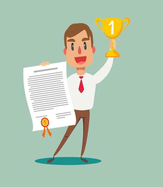 Successful, smiling, young, happy businessmen standing on the winning podium holding up winning trophy and showing an award certificate. — Stock Vector