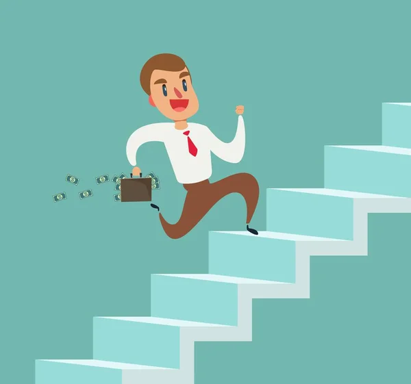 Hombre de negocios correr por las escaleras vector ilustración, un empleado sube las escaleras — Archivo Imágenes Vectoriales