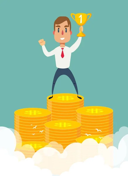 Businessman stands on large stack of coins. — Stock Vector
