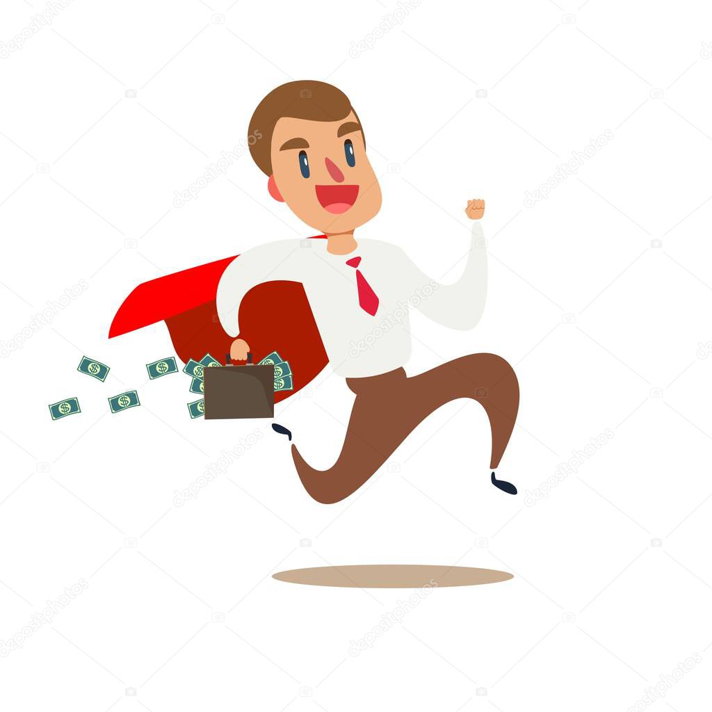 Flat businessman running away with briefcase full of money banknotes vector illustration.