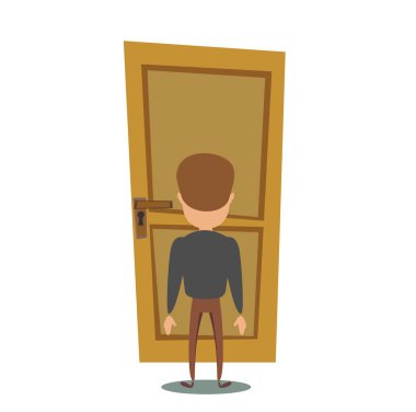 Kapı kolunun önündeki genç karakter. Binaya giriliyor..