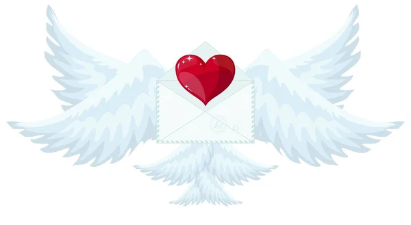 像丘比特一样带着翅膀的图解信封送爱和爱心。情人节。 字母图标红色背景上的简单抽象符号. — 图库矢量图片