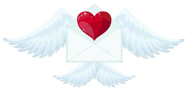 Busta illustrazione con ali come Cupido Inviare amore e cuore.San Valentino. lettera icona simbolo semplice astratto su sfondo rosso . — Vettoriale Stock