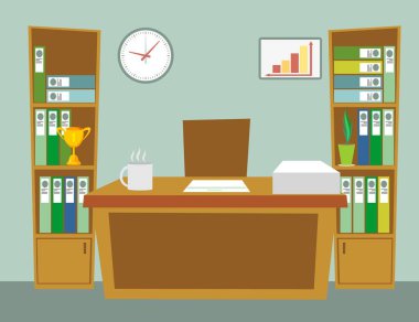 Office room interior design with furniture and window without people. Working indoor room workspace.