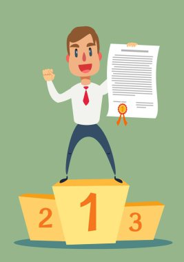 Successful, smiling, young, happy businessmen standing on the winning podium holding up award certificate.