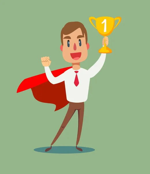 Businessman in a red cloak holding winner cup. Superhero of business. — Stock Vector