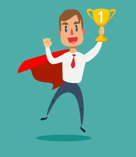 Businessman in a red cloak holding winner cup. Superhero of business. — Stock Vector