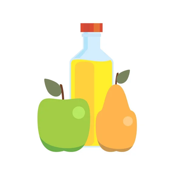 Apel dan pir dengan botol bahan buah minuman penyegaran terhadap latar belakang putih - Stok Vektor