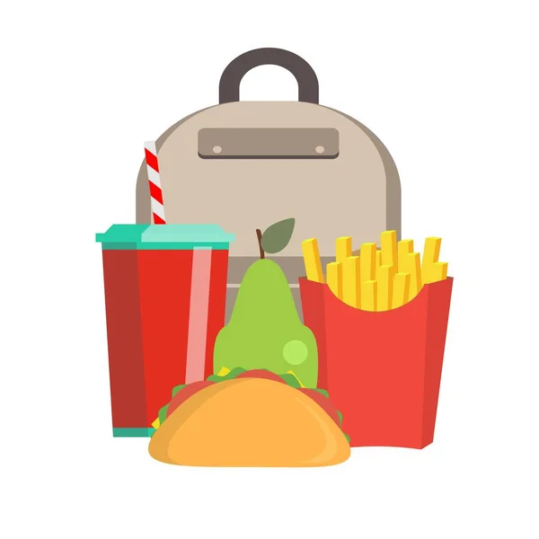 School lunch box. Childrens lunch bag with sandwich, soda, fruit and other food. Kids school lunches icons in flat style. — Stock Vector