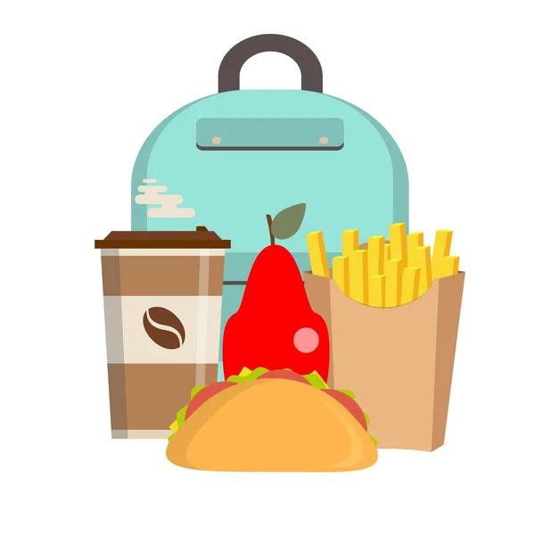 Στο σχολικό κουτί. Παιδική τσάντα φαγητού με σάντουιτς, φρούτα και άλλα τρόφιμα. Παιδικά σχολικά γεύματα εικονίδια σε επίπεδη στυλ. — Διανυσματικό Αρχείο