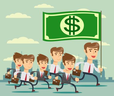 İş liderinin elinde büyük bir bayrak var ve iş arkadaşlarına öncülük ediyor..