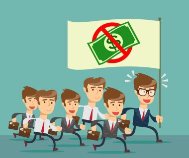 İş liderinin elinde büyük bir bayrak var ve iş arkadaşlarına öncülük ediyor..